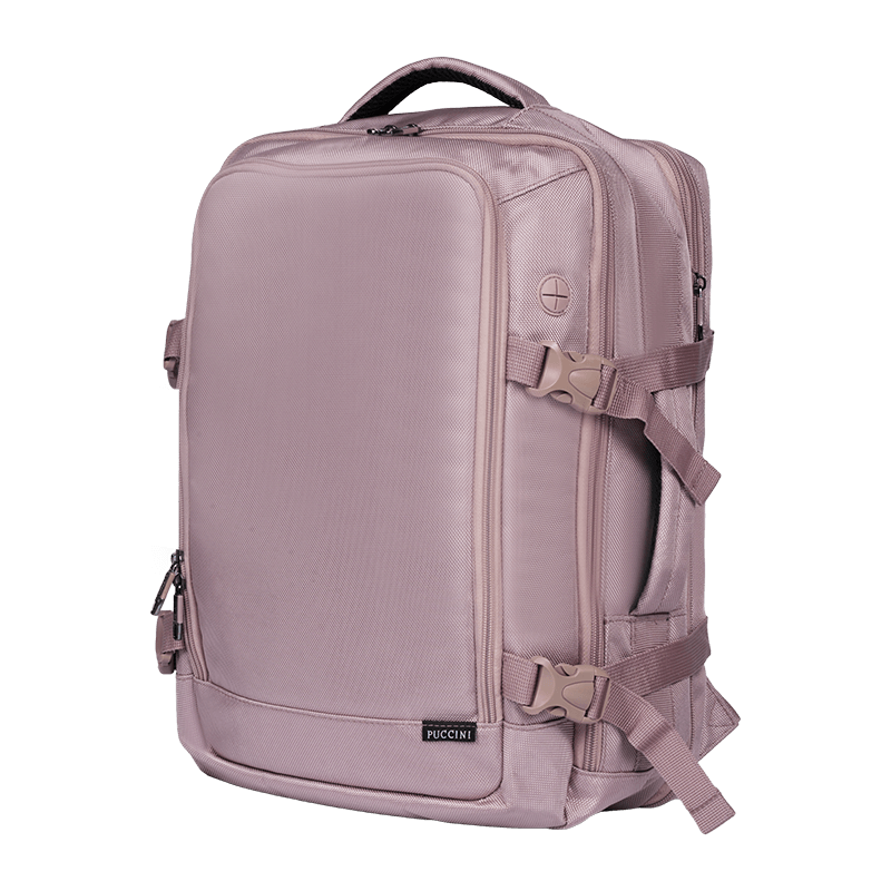Expandable travel backpack with 16 inch laptop pocket, pink